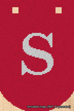 A simulated image of the stitched needlepoint design: Banner 18m Curved S White on Red. Not A.I. generated.