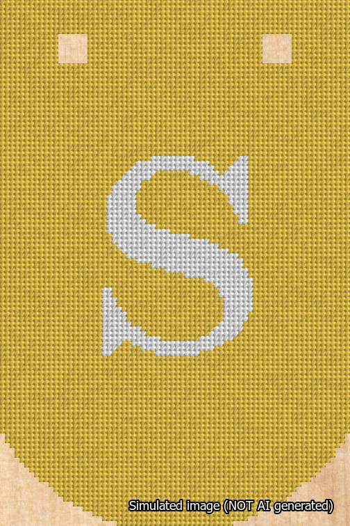 A simulated image of the stitched needlepoint design: Banner 18m Curved S White on Yellow. Not A.I. generated.