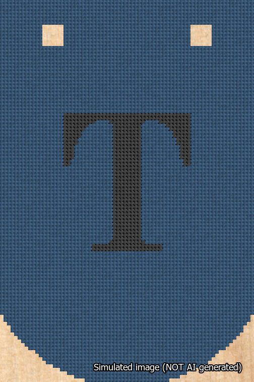 A simulated image of the stitched needlepoint design: Banner 18m Curved T Black on Blue. Not A.I. generated.