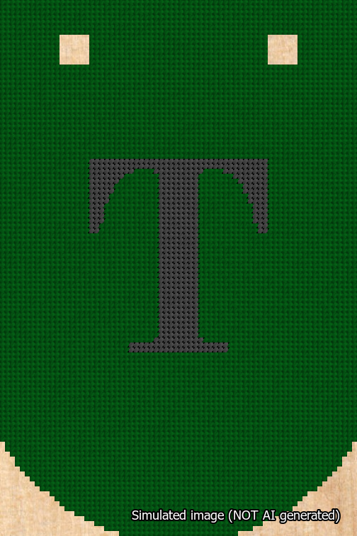 A simulated image of the stitched needlepoint design: Banner 18m Curved T Black on Green. Not A.I. generated.