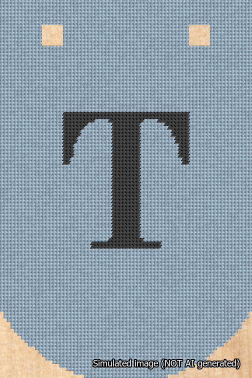A simulated image of the stitched needlepoint design: Banner 18m Curved T Black on Light Blue. Not A.I. generated.