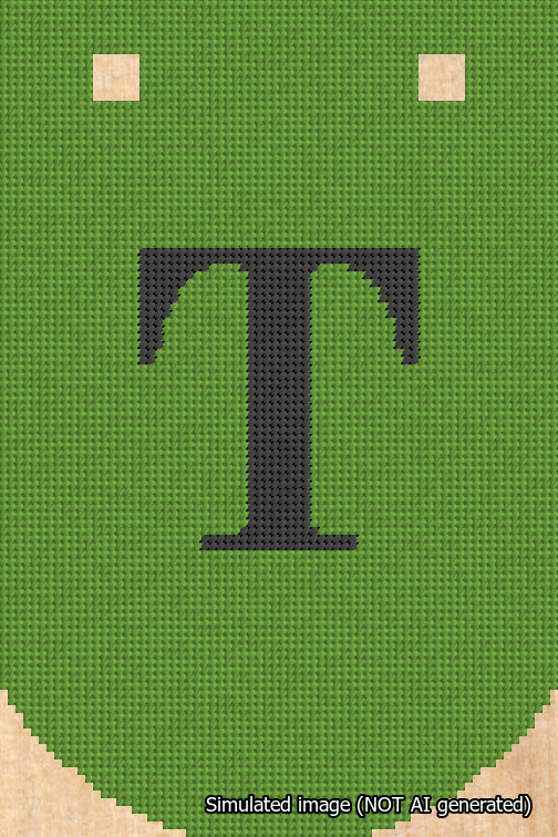 A simulated image of the stitched needlepoint design: Banner 18m Curved T Black on Light Green. Not A.I. generated.