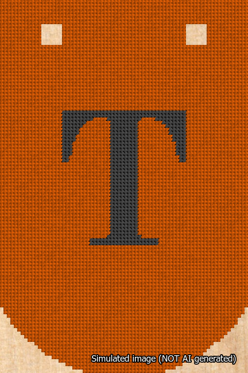 A simulated image of the stitched needlepoint design: Banner 18m Curved T Black on Orange. Not A.I. generated.