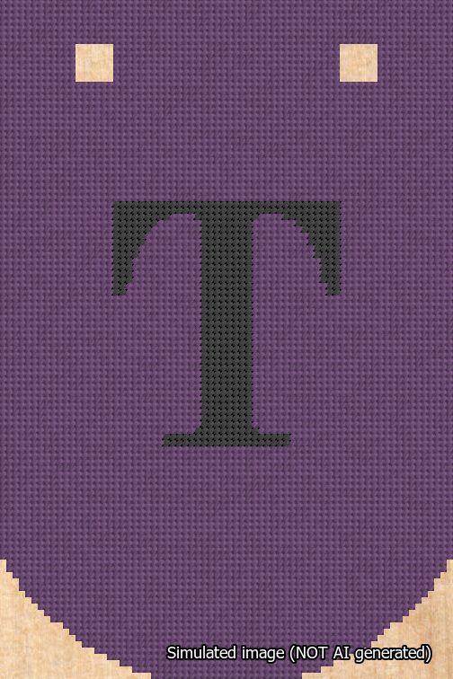 A simulated image of the stitched needlepoint design: Banner 18m Curved T Black on Purple. Not A.I. generated.