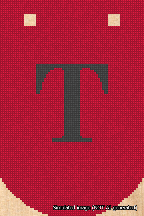 A simulated image of the stitched needlepoint design: Banner 18m Curved T Black on Red. Not A.I. generated.