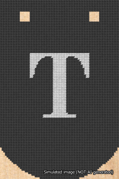 A simulated image of the stitched needlepoint design: Banner 18m Curved T White on Black. Not A.I. generated.