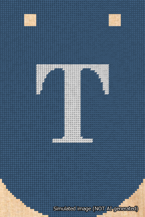 A simulated image of the stitched needlepoint design: Banner 18m Curved T White on Blue. Not A.I. generated.