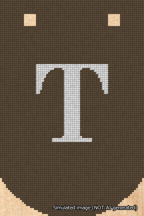 A simulated image of the stitched needlepoint design: Banner 18m Curved T White on Brown. Not A.I. generated.