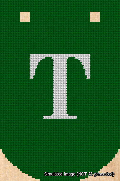 A simulated image of the stitched needlepoint design: Banner 18m Curved T White on Green. Not A.I. generated.