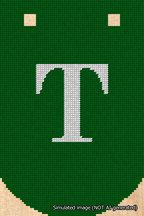 A simulated image of the stitched needlepoint design: Banner 18m Curved T White on Green. Not A.I. generated.