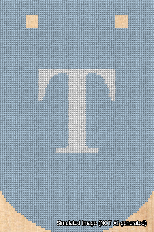 A simulated image of the stitched needlepoint design: Banner 18m Curved T White on Light Blue. Not A.I. generated.