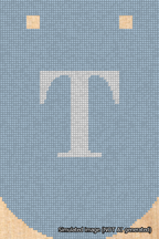 A simulated image of the stitched needlepoint design: Banner 18m Curved T White on Light Blue. Not A.I. generated.