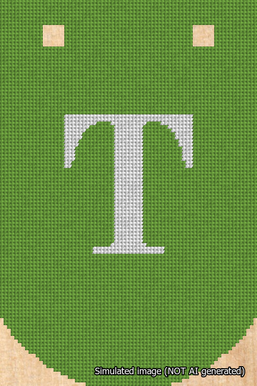 A simulated image of the stitched needlepoint design: Banner 18m Curved T White on Light Green. Not A.I. generated.