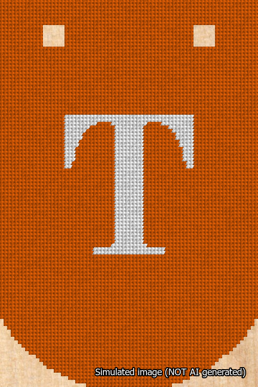 A simulated image of the stitched needlepoint design: Banner 18m Curved T White on Orange. Not A.I. generated.