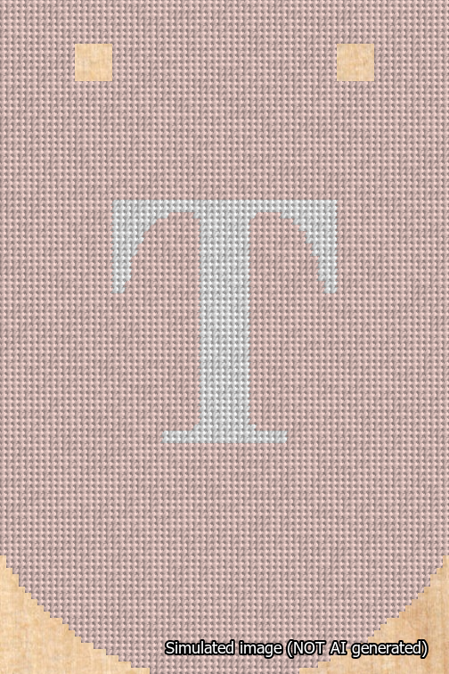 A simulated image of the stitched needlepoint design: Banner 18m Curved T White on Pink. Not A.I. generated.