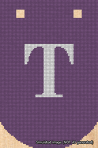 A simulated image of the stitched needlepoint design: Banner 18m Curved T White on Purple. Not A.I. generated.