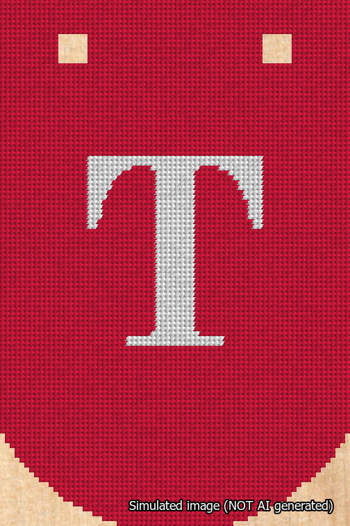 A simulated image of the stitched needlepoint design: Banner 18m Curved T White on Red. Not A.I. generated.