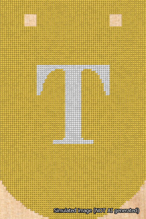 A simulated image of the stitched needlepoint design: Banner 18m Curved T White on Yellow. Not A.I. generated.