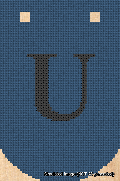 A simulated image of the stitched needlepoint design: Banner 18m Curved U Black on Blue. Not A.I. generated.