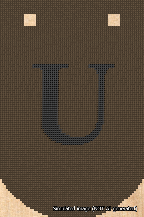 A simulated image of the stitched needlepoint design: Banner 18m Curved U Black on Brown. Not A.I. generated.