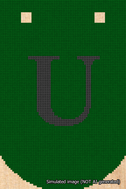 A simulated image of the stitched needlepoint design: Banner 18m Curved U Black on Green. Not A.I. generated.