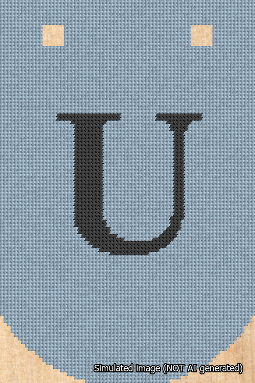 A simulated image of the stitched needlepoint design: Banner 18m Curved U Black on Light Blue. Not A.I. generated.