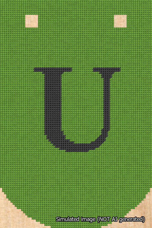 A simulated image of the stitched needlepoint design: Banner 18m Curved U Black on Light Green. Not A.I. generated.