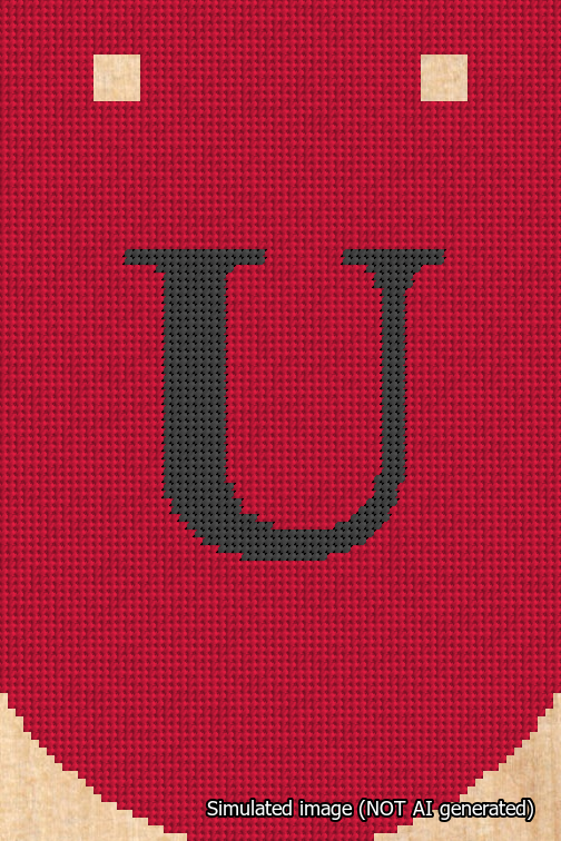 A simulated image of the stitched needlepoint design: Banner 18m Curved U Black on Red. Not A.I. generated.