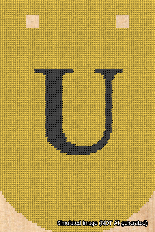 A simulated image of the stitched needlepoint design: Banner 18m Curved U Black on Yellow. Not A.I. generated.