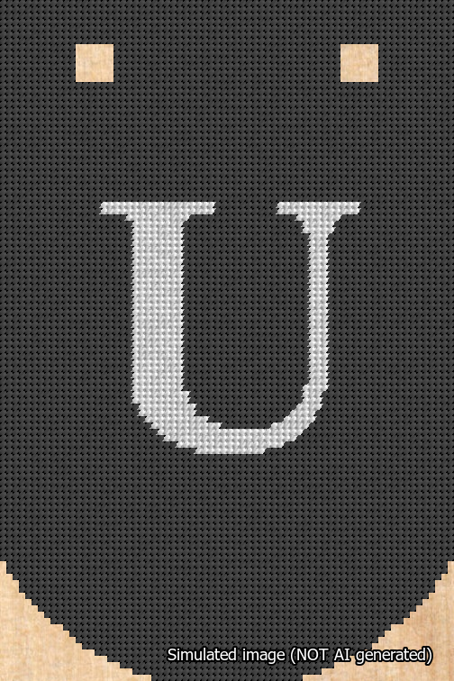 A simulated image of the stitched needlepoint design: Banner 18m Curved U White on Black. Not A.I. generated.
