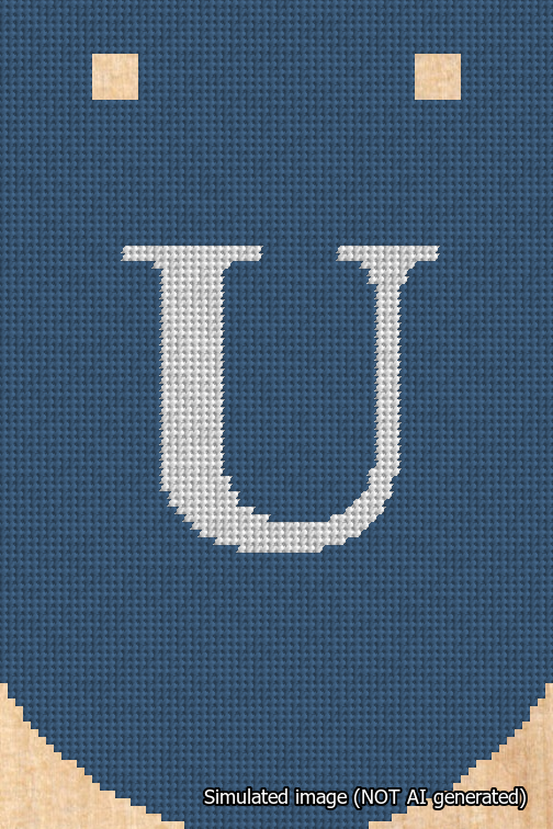 A simulated image of the stitched needlepoint design: Banner 18m Curved U White on Blue. Not A.I. generated.