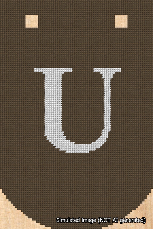 A simulated image of the stitched needlepoint design: Banner 18m Curved U White on Brown. Not A.I. generated.