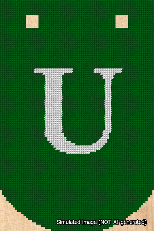 A simulated image of the stitched needlepoint design: Banner 18m Curved U White on Green. Not A.I. generated.