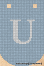 A simulated image of the stitched needlepoint design: Banner 18m Curved U White on Light Blue. Not A.I. generated.