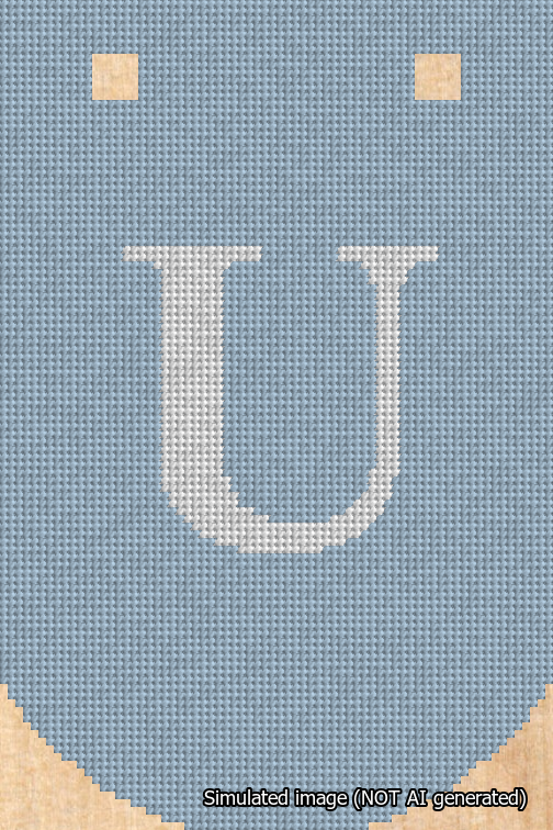 A simulated image of the stitched needlepoint design: Banner 18m Curved U White on Light Blue. Not A.I. generated.