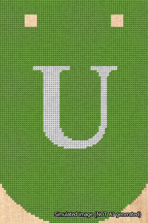 A simulated image of the stitched needlepoint design: Banner 18m Curved U White on Light Green. Not A.I. generated.