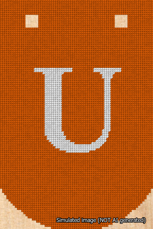 A simulated image of the stitched needlepoint design: Banner 18m Curved U White on Orange. Not A.I. generated.