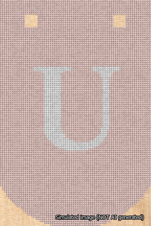 A simulated image of the stitched needlepoint design: Banner 18m Curved U White on Pink. Not A.I. generated.