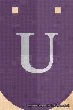 A simulated image of the stitched needlepoint design: Banner 18m Curved U White on Purple. Not A.I. generated.