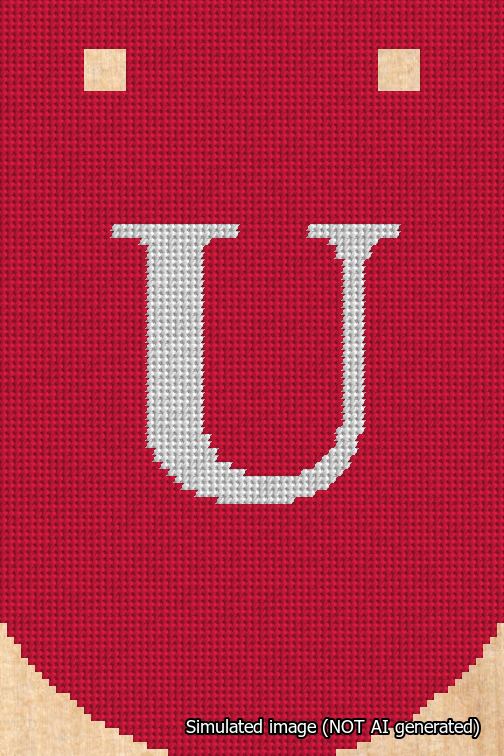 A simulated image of the stitched needlepoint design: Banner 18m Curved U White on Red. Not A.I. generated.