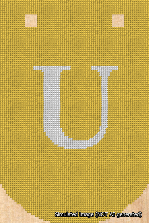 A simulated image of the stitched needlepoint design: Banner 18m Curved U White on Yellow. Not A.I. generated.