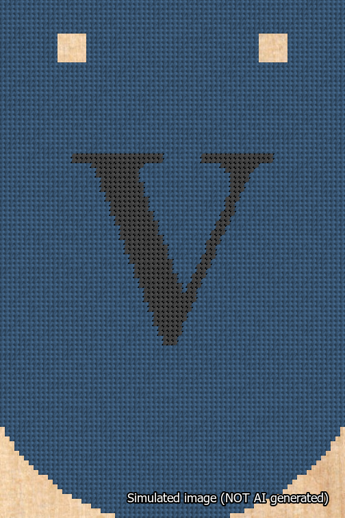 A simulated image of the stitched needlepoint design: Banner 18m Curved V Black on Blue. Not A.I. generated.