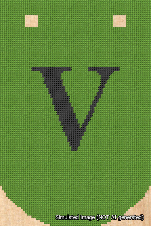 A simulated image of the stitched needlepoint design: Banner 18m Curved V Black on Light Green. Not A.I. generated.