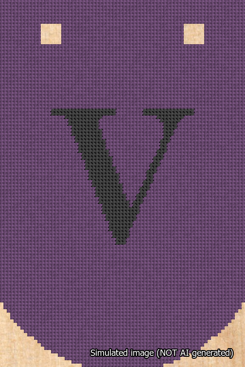 A simulated image of the stitched needlepoint design: Banner 18m Curved V Black on Purple. Not A.I. generated.