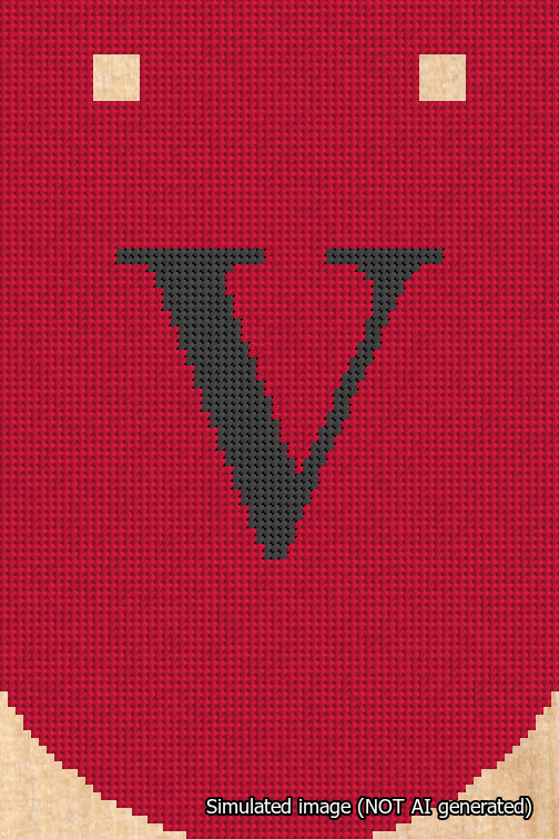 A simulated image of the stitched needlepoint design: Banner 18m Curved V Black on Red. Not A.I. generated.