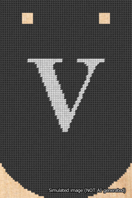 A simulated image of the stitched needlepoint design: Banner 18m Curved V White on Black. Not A.I. generated.