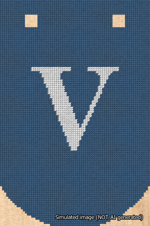 A simulated image of the stitched needlepoint design: Banner 18m Curved V White on Blue. Not A.I. generated.