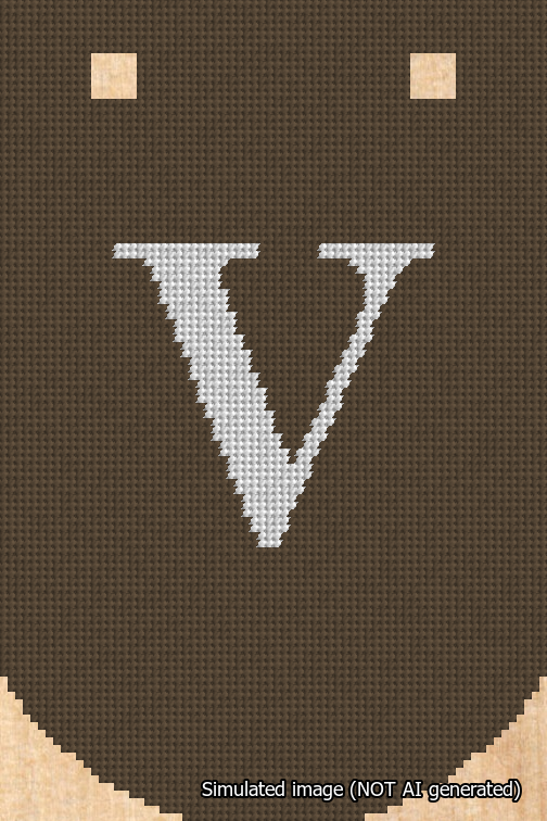 A simulated image of the stitched needlepoint design: Banner 18m Curved V White on Brown. Not A.I. generated.