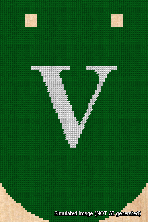 A simulated image of the stitched needlepoint design: Banner 18m Curved V White on Green. Not A.I. generated.