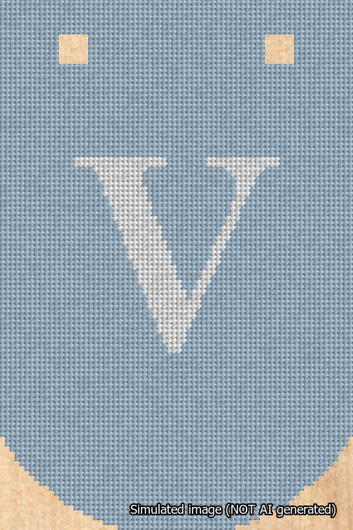 A simulated image of the stitched needlepoint design: Banner 18m Curved V White on Light Blue. Not A.I. generated.